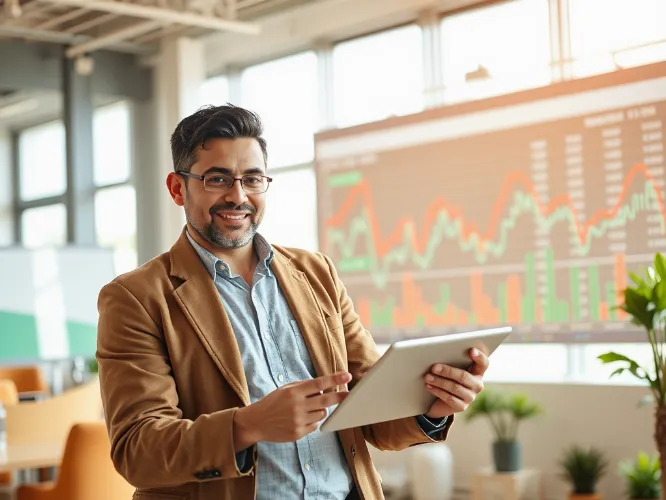 Confident investor analyzing market data on a tablet